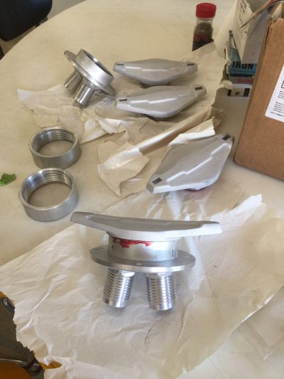 Deck fuel fills were machined from billet aluminum. Note the twin barbed fittings for two hoses, to enable filling two tanks under the single cap.