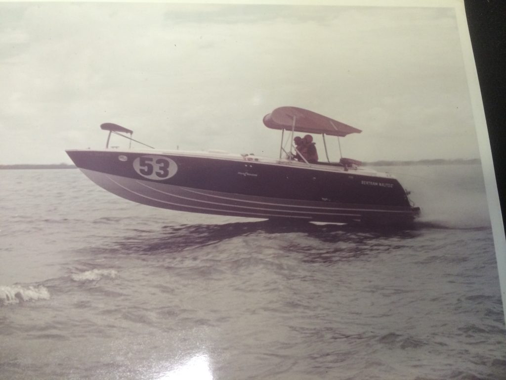 The Bertram racing team experimented with various ways to improve speed and handling of its boats, including the addition of wings that could be adjusted by a cable system to change the angle of attack; Sam James says this particular gadget “didn’t fly.”
