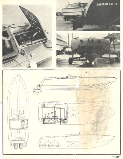 Bertram’s head of engineering, Russ Specht, drew the lines of the 31, adapted from C. Raymond Hunt’s Moppie design, a 24° deadrise deep-V, which won the 1960 Miami–Nassau race. For this design, deadrise was increased to 26°.